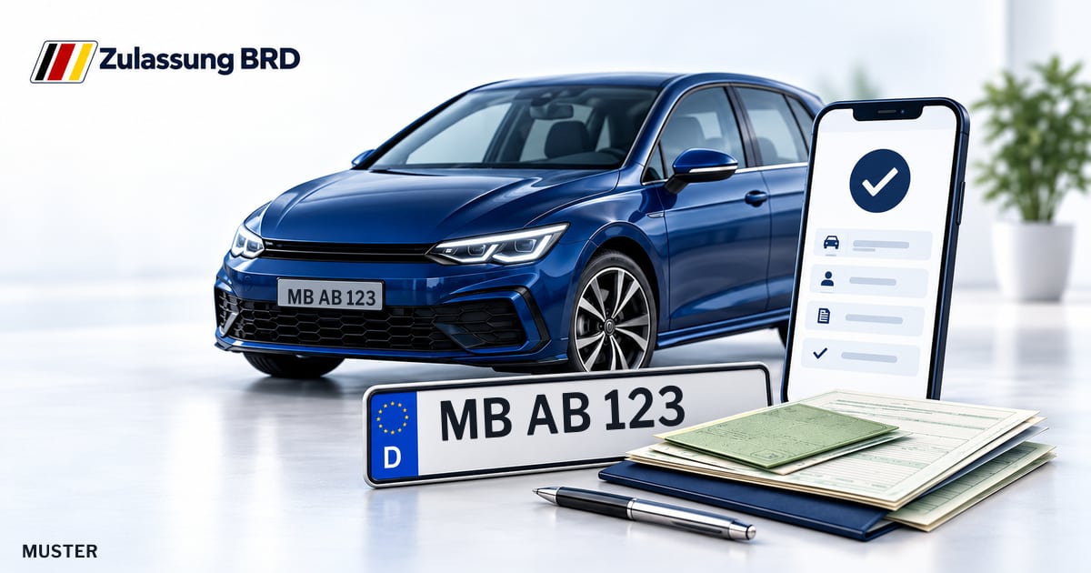 Online Fahrzeugzulassung in Landkreis Miesbach: Musterkennzeichen MB AB 123, Auto und Fahrzeugpapiere und Smartphone. Illustration mit Logo von Zulassung BRD.